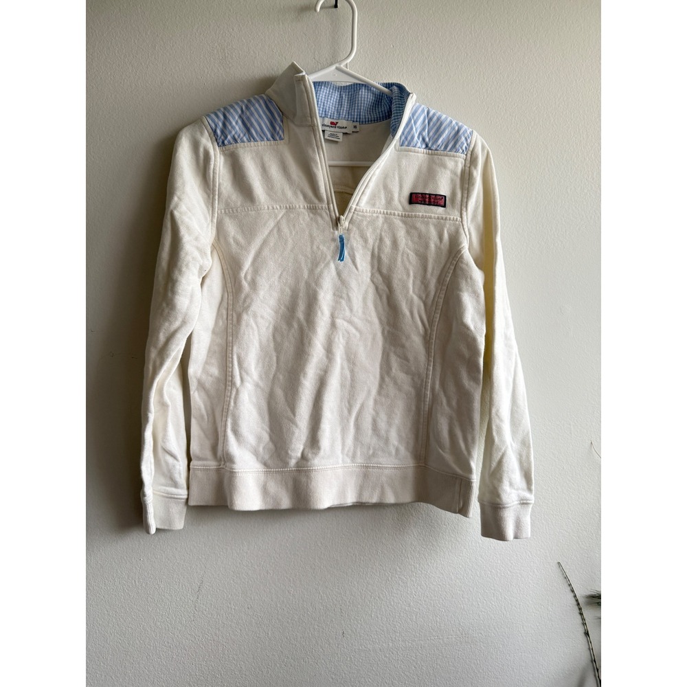 Vineyard Vines Womens XS‎ Quarter Zip Pullover Cream Seersucker Shoulder Stripe